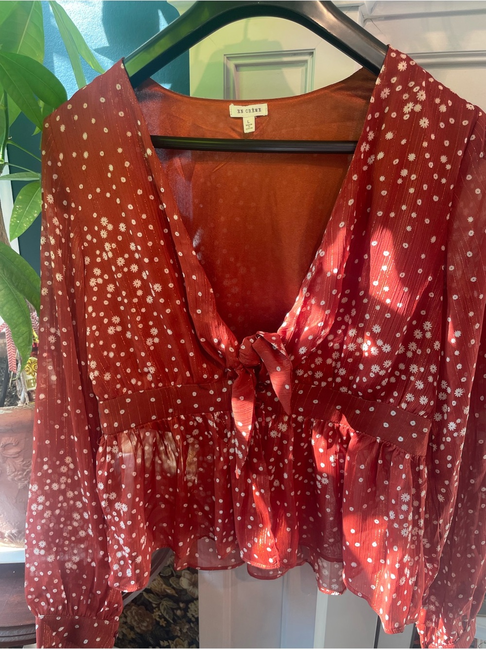 Rust Red w Ivory specks Tie-Front Blouse
